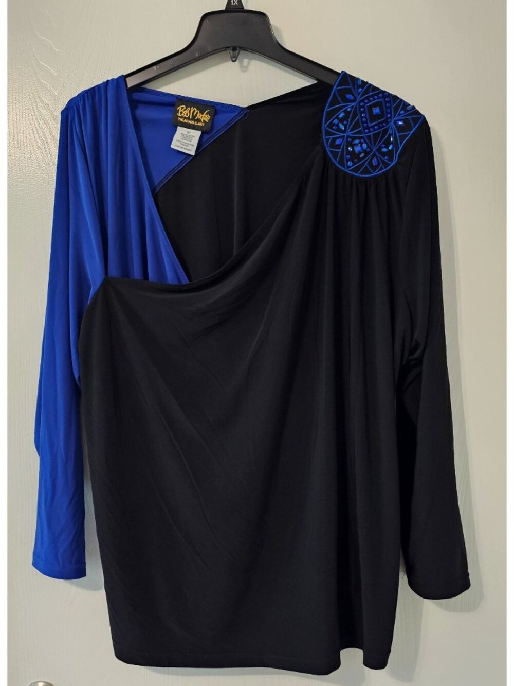 Bob Mackie Wearable Art Womens Black & Blue Beaded Shoulder Tunic Blouse 3X Glam